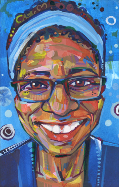 portrait d’une femme noire souriante, peint par l’artiste américaine Gwenn Seemel