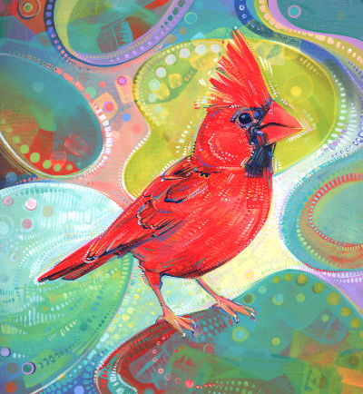 cardinal painting, red bird art with a psychedelic background by artist Gwenn Seemel