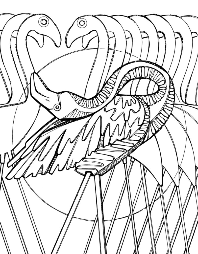 coloring book page showing a live flamingo surrounded by plastic birds