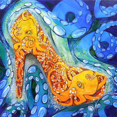 un talon haut avec deux pieuvres oranges, projet artistique pour le High Heel Drag Race de New Hope Celebrates