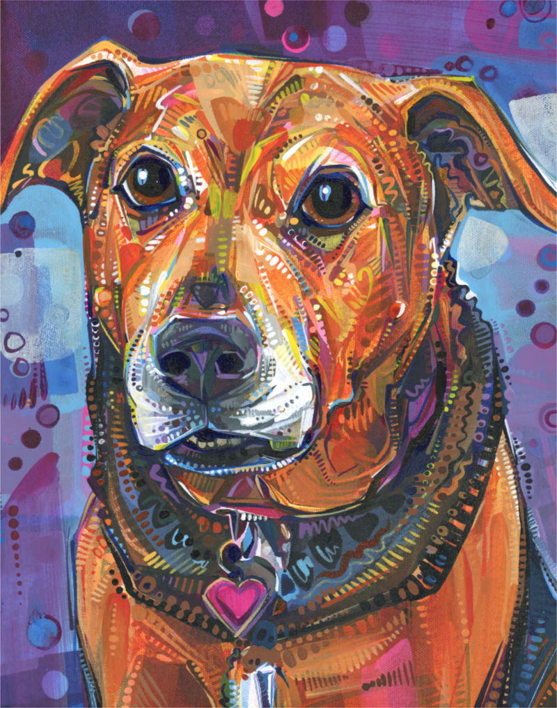 portrait d’animal de compagnie, une peinture de chienne heureuse de l’artiste franco-américaine Gwenn Seemel