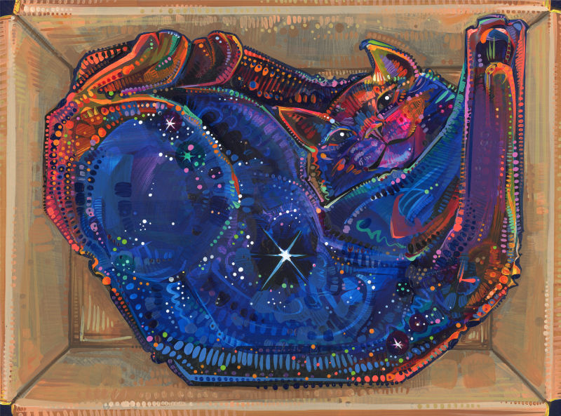 un chat fait de l’univers jouant dans une boîte en carton vide, tableau de la peintre Gwenn Seemel