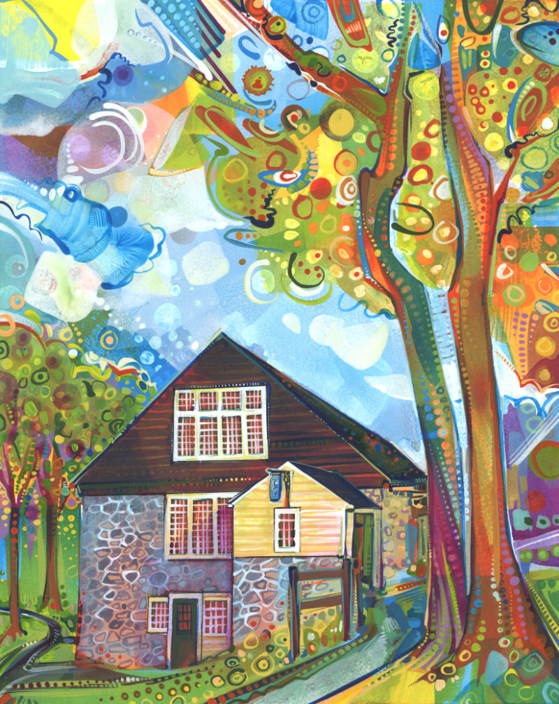 beautiful landscape painting of Phillips’ Mill in New Hope, illustration by Lambertville artist Gwenn Seemel