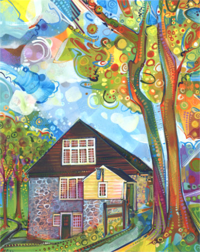 beautiful landscape painting of Phillips’ Mill in New Hope, illustration by Lambertville artist Gwenn Seemel