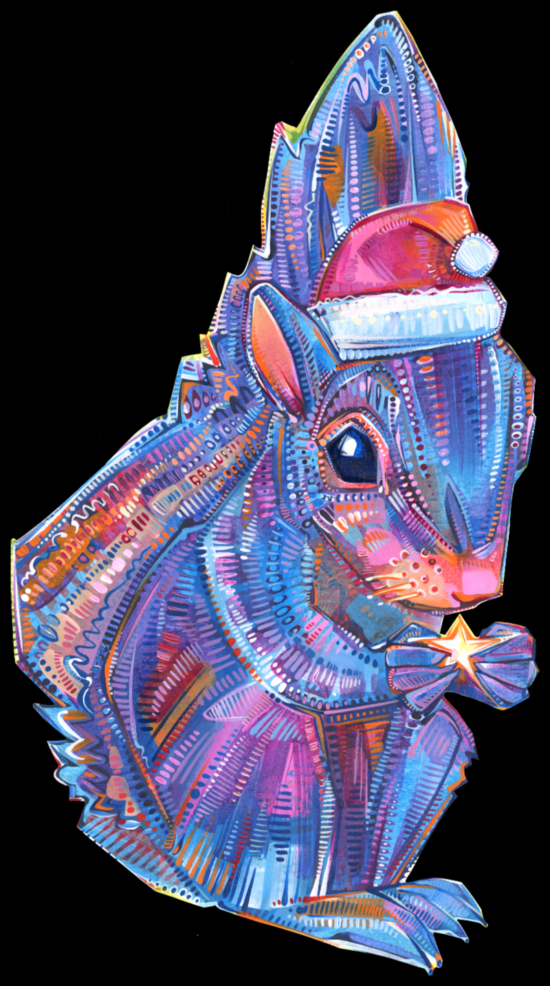 art animé d’un écureuil violet portant un bonnet de Père Noël et tenant une étoile, par l’artiste Gwenn Seemel