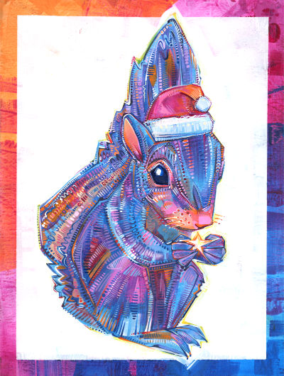 ecureuil avec un bonnet de Père Noël peinture à l’acrylique