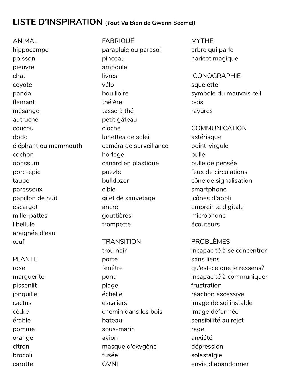 liste d’inspiration