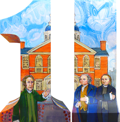 52 Weeks of Firsts project in Philadelphia, First Continental Congress by Gwenn Seemel including Patrick Henry, John Adams, John Morton, and Charles Thomson with Carpenters&rsquo; Hall and a map of the thirteen colonies