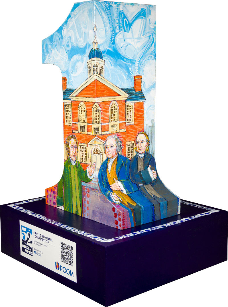 52 Weeks of Firsts project in Philadelphia, First Continental Congress by Gwenn Seemel including Patrick Henry, John Adams, John Morton, and Charles Thomson with Carpenters&rsquo; Hall and a map of the thirteen colonies