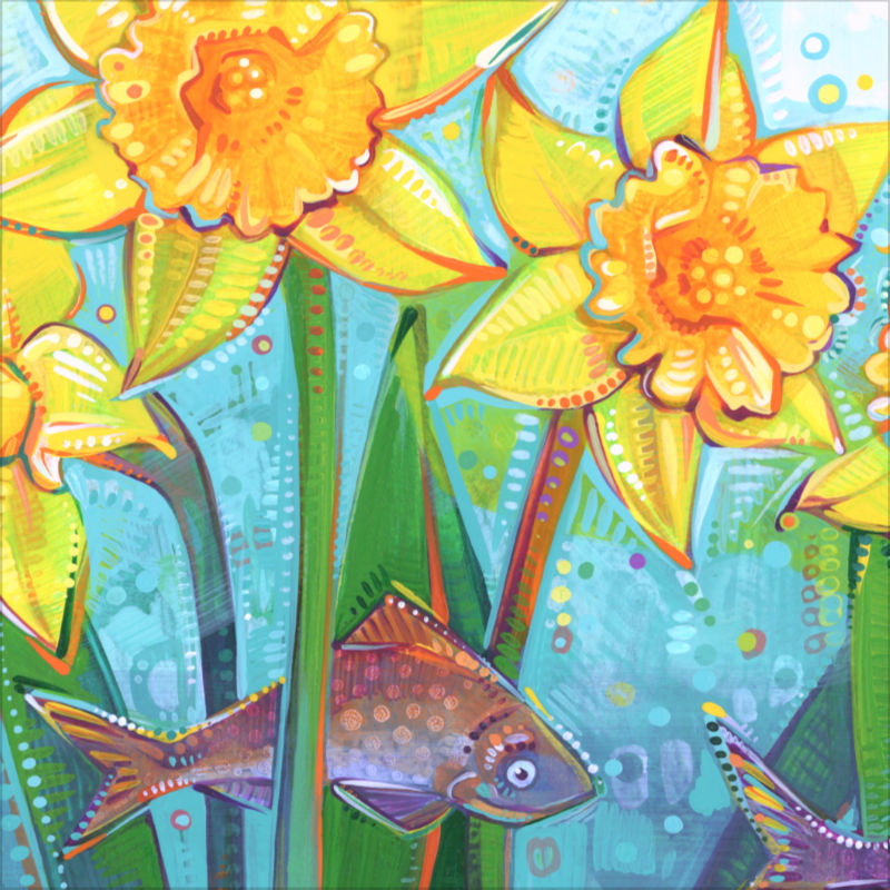 detail image of a painting of a flowers and fish