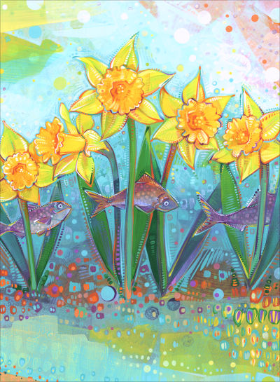 painting of daffodils with fish swimming among them, ShadFest poster art painting by Lambertville artist Gwenn Seemel