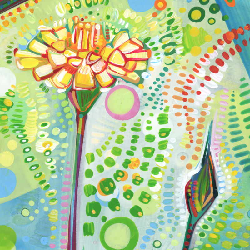 detail image of a painting of dandelions