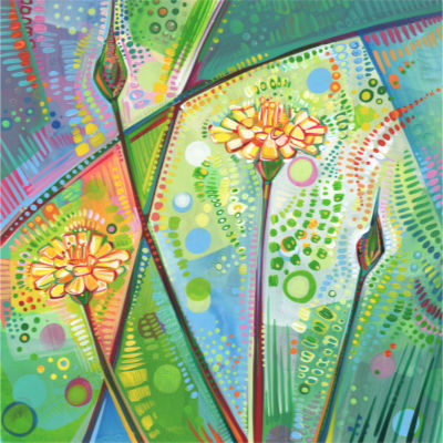 painting of dandelions with abstract design elements, painting by Lambertville artist Gwenn Seemel