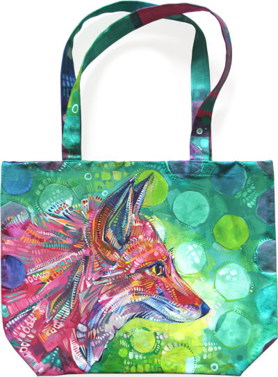 pink fox with polka-dots beautiful painting on a canvas bag, artwork by New Jersey artist Gwenn Seemel