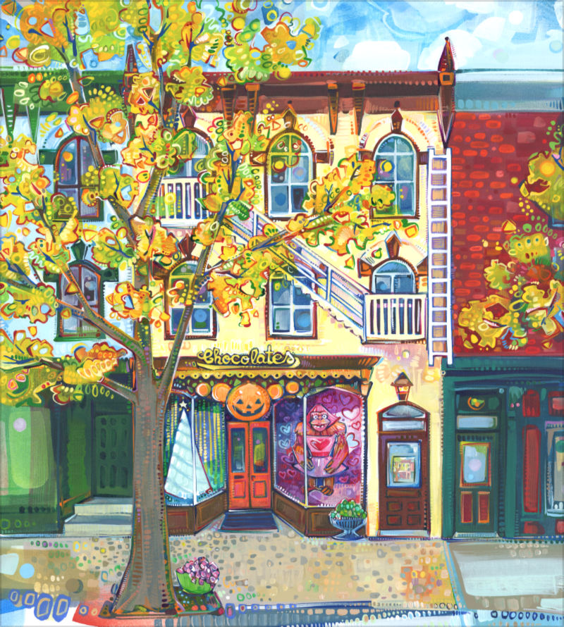 painting of Lambertville’s La Chocolate Box in New Jersey, illustration by cityscape artist Gwenn Seemel