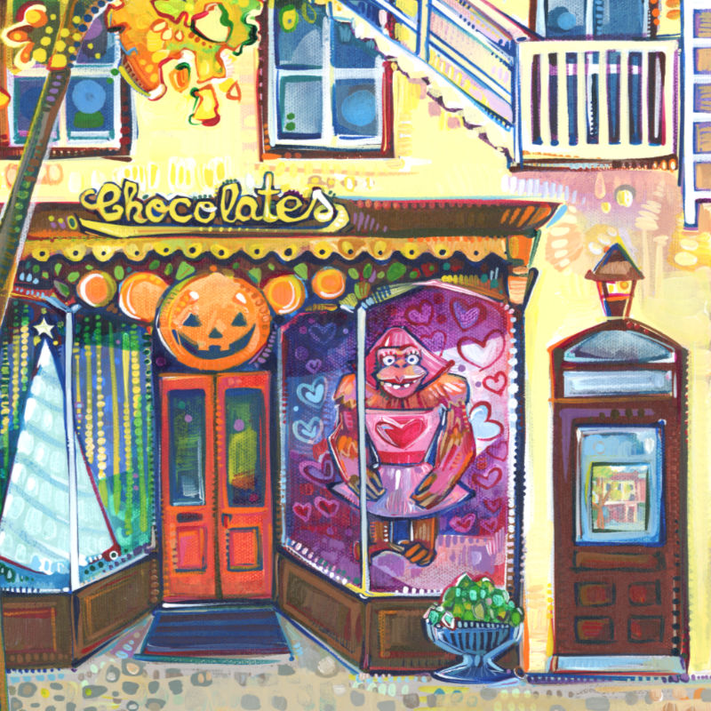 detail image of a painting of a storefront
