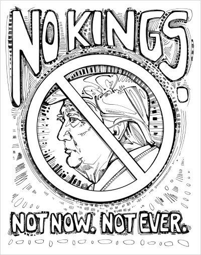 a coloring page of “NO KINGS” protest art by Lambertville artist Gwenn Seemel