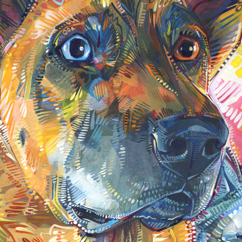 painting of a German shepherd with one blue eye and one brown one