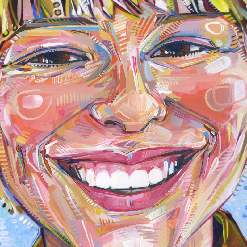 detail image of a painting of a smiling teenager