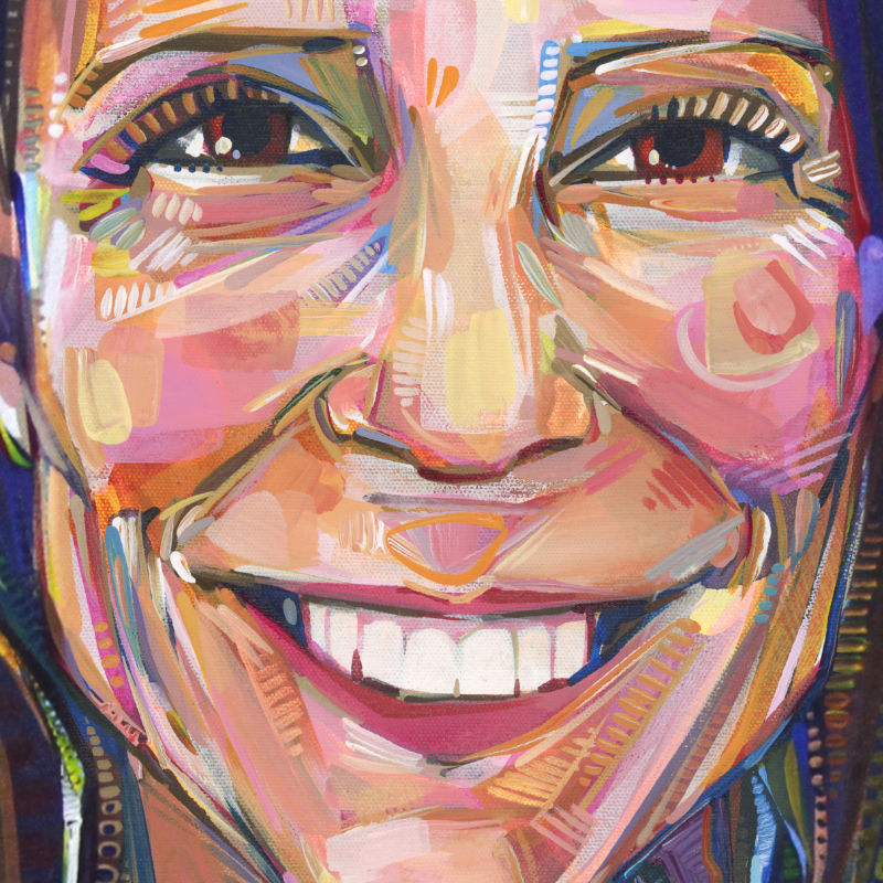 detail image of a painting of a smiling woman