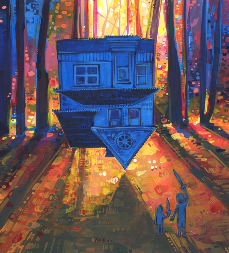 painting of an upside down house, a divorce and family trauma monster that two young siblings are fighting together, surreal art by painter Gwenn Seemel