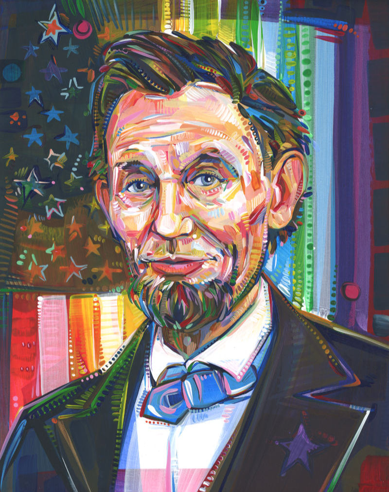 portrait of the Abraham Lincoln, president of the United States with Rainbow American flag, art by Lambertville artist Gwenn Seemel