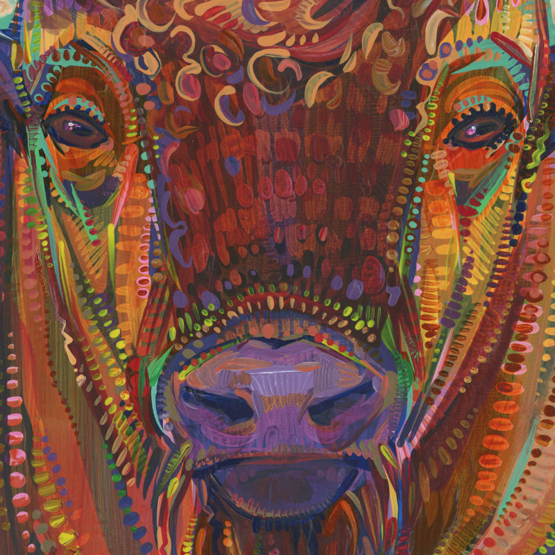 detail image of a painting of a bison