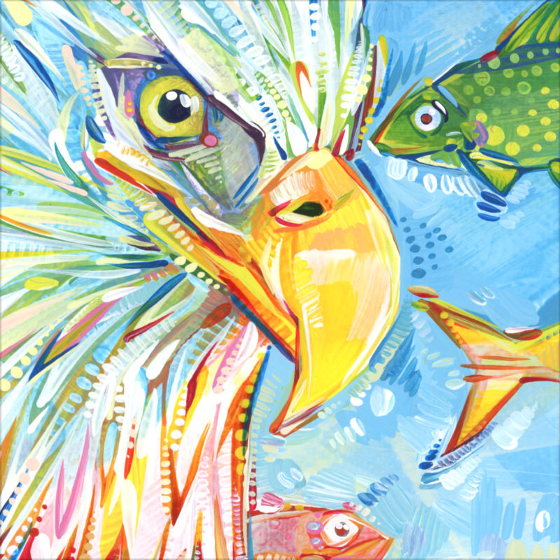 detail image of a painting of an eagle and some rainbow fish