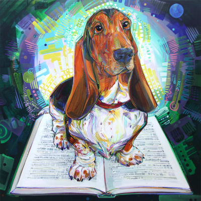 Howling Basset Books portrait of a basset hound sitting on an open book, painted by Lambertville artist Gwenn Seemel