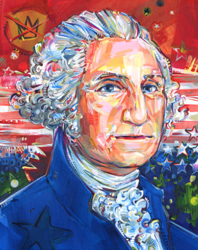 portrait of George Washington, president of the United States with American flag and NO KINGS symbol, semiquincentennial art by New Jersey artist Gwenn Seemel