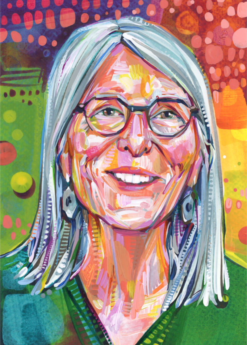 commissioned artwork depicting a smiling woman with glasses, painted by portrait artist Gwenn Seemel