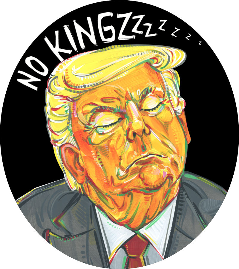 protest poster for No Kings showing a sleeping Donald Trump with text that reads &ldquo;NO KINGZZZ&rdquo; by New Jersey artist Gwenn Seemel