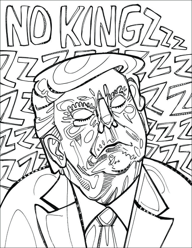 a coloring page of &ldquo;NO KINGS&rdquo; except with Zs to represent the snoring of a sleepying Trump, protest art by artist Gwenn Seemel that you can print out at home