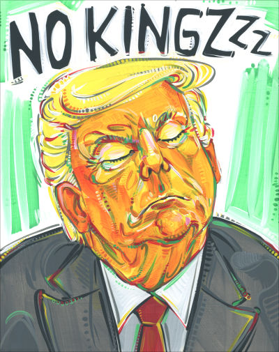 protest poster for NO KINGS showing a sleeping Donald Trump with text that reads &ldquo;NO KINGZZZ&rdquo; by New Jersey artist Gwenn Seemel