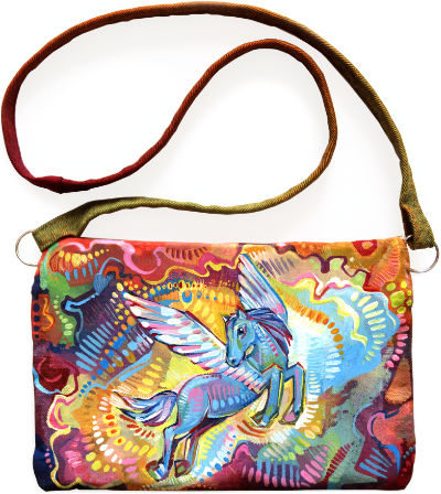 blue Pegasus painted on a bag, artwork by New Jersey painter Gwenn Seemel