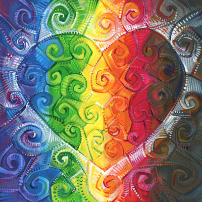 swirling design revealing a rainbow Pride heart painted by queer artist Gwenn Seemel