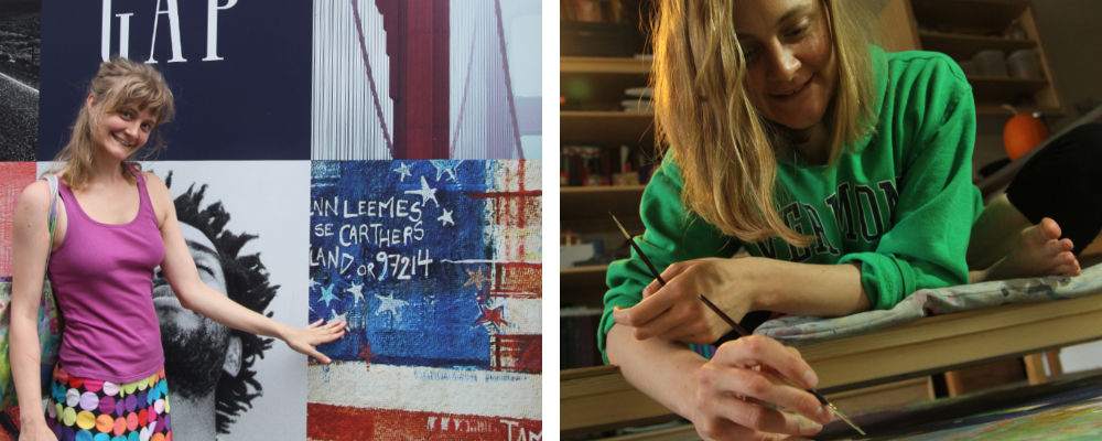 art by Gwenn Seemel in a Gap ad in Paris and the Portland painter in her studio in 2013
