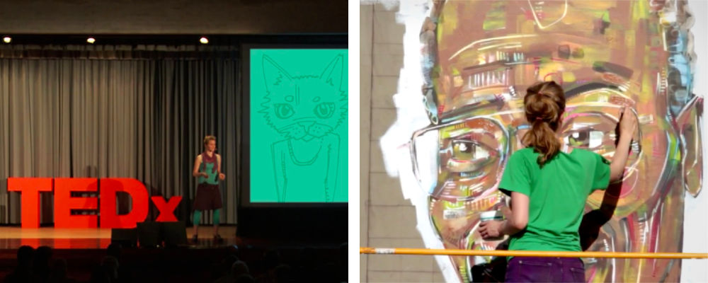 French-American artist and free culture advocate Gwenn Seemel at TEDxGeneva and working on the Kirk Reeves mural in Portland, Oregon