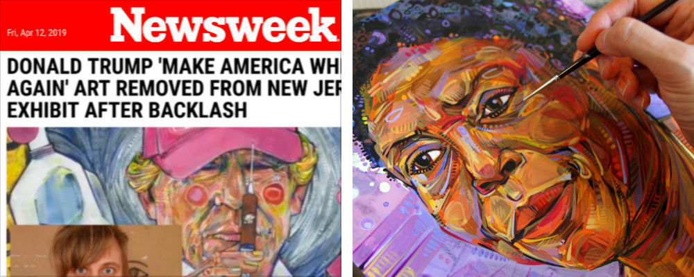 New Jersey artist Gwenn Seemel in Newsweek after her art was censored and the artist’s hand at work on a portrait