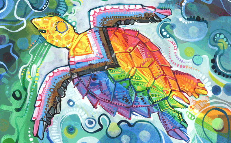 tortue de mer qui incarne un drapeau Progress Pride, illustration du peintre non binaire Gwenn Seemel