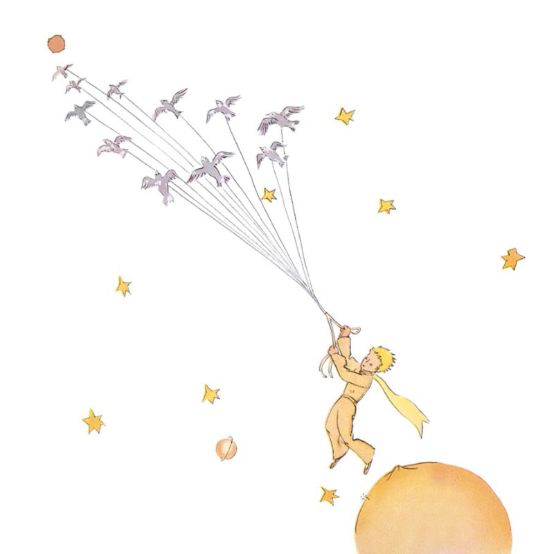 the Little Prince escaping with B 612, image by Antoine de Saint-Exupéry