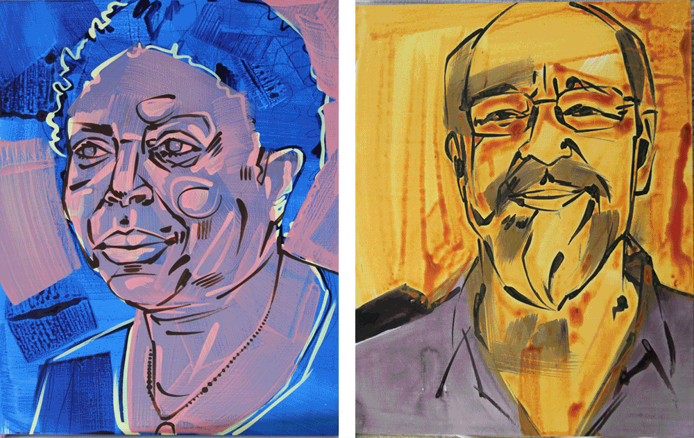 process images for 2 colorful crosshatched paintings, one of a black woman and one of a white man