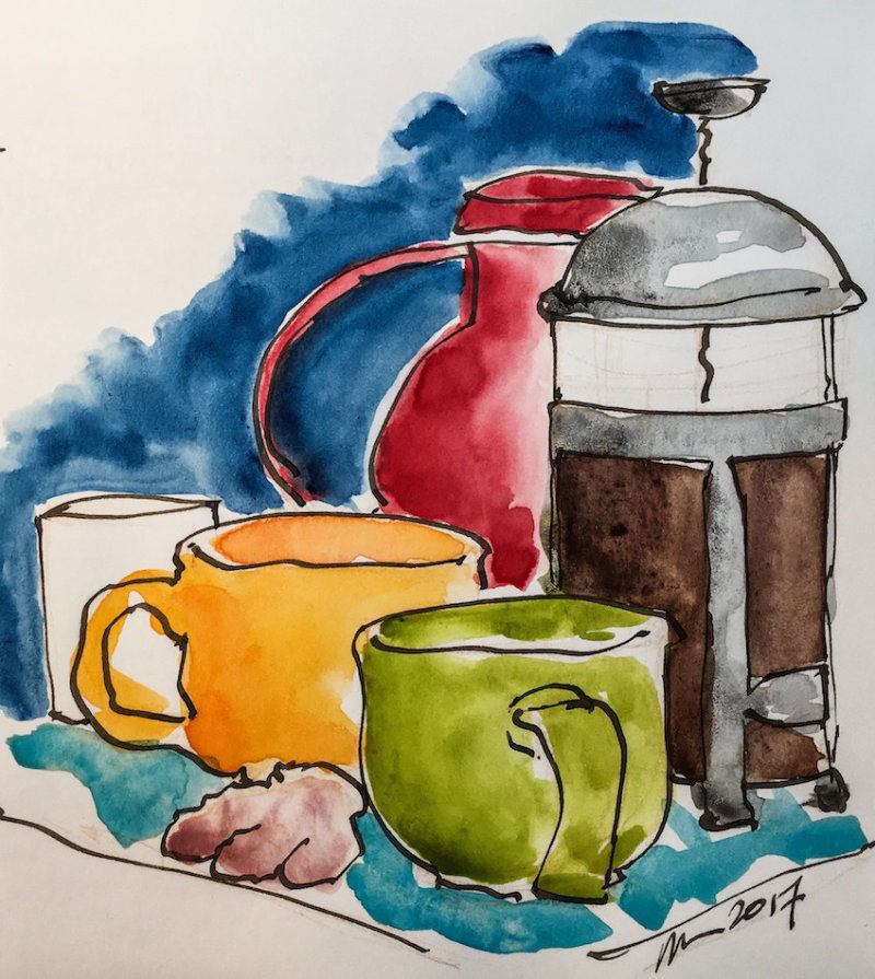 Kate Powell’s watercolor of a French press full of coffee and some colorful mugs