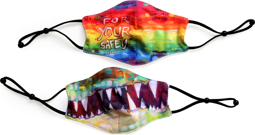 crocodile smile mask and face covering with “for your safety” written on it, designs by Gwenn Seemel