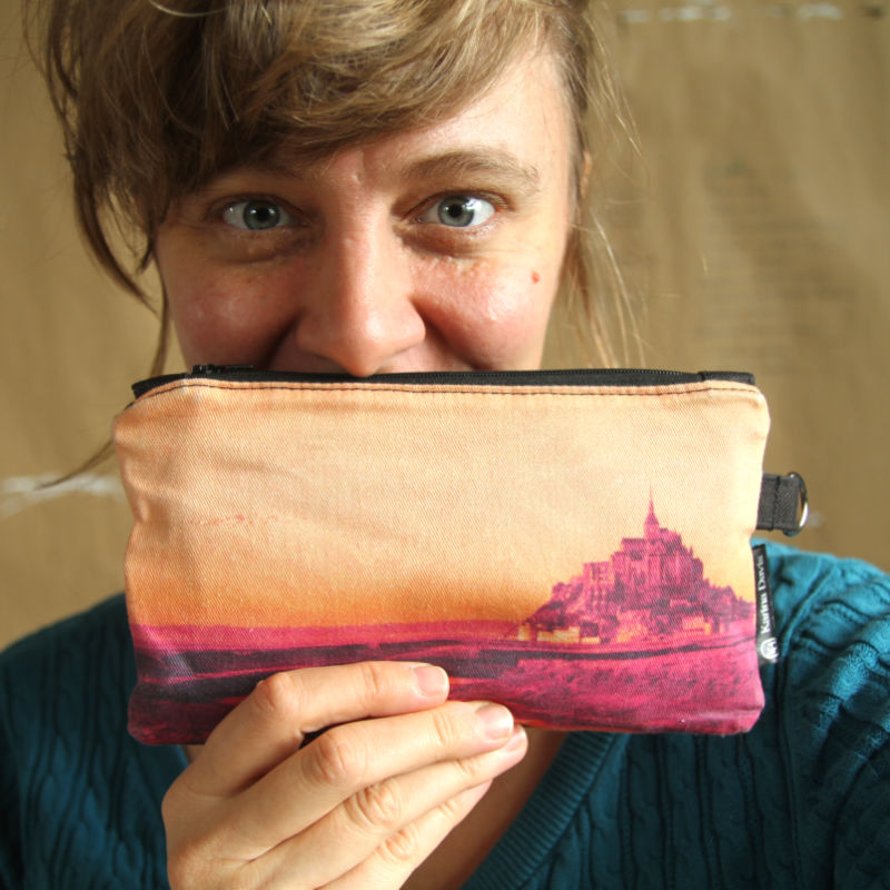 Karina Davis vegan bag with a photo of the Mont-Saint-Michel on it