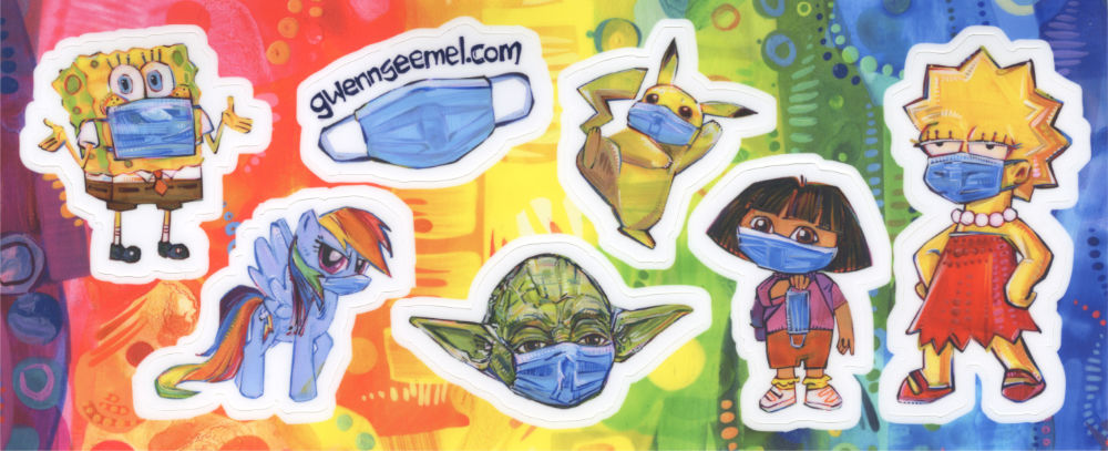 une feuille de plusieurs autocollants avec SpongeBob, Rainbow Dash, Yoda, Pikachu, Dora l’Exploratrice, et Lisa Simpson portant des masques