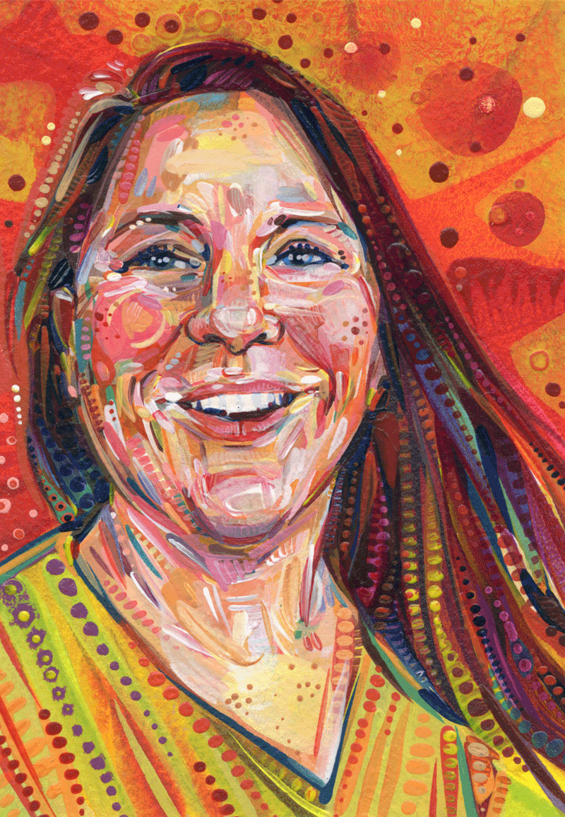 white woman with auburn hair smiling painting by Lambertville artist Gwenn Seemel