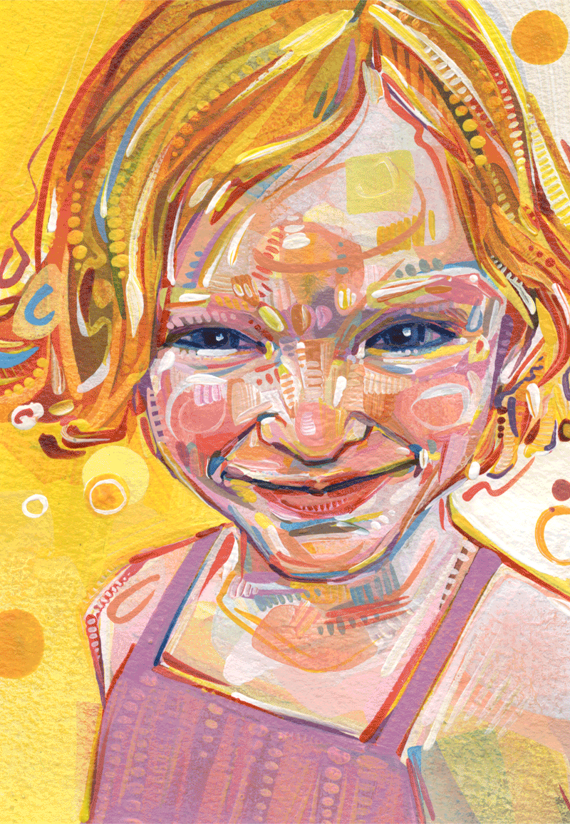 white child with strawberry blond hair smiling mischieviously painting by Lambertville artist Gwenn Seemel