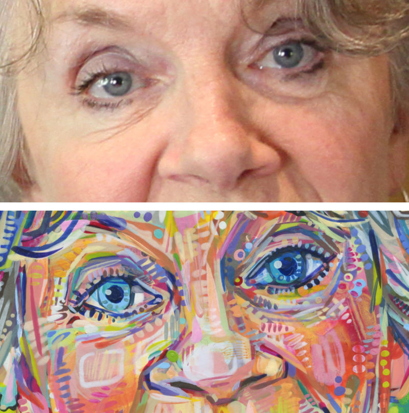 reference photo for and detail image of a painted portrait of a woman with light eyes