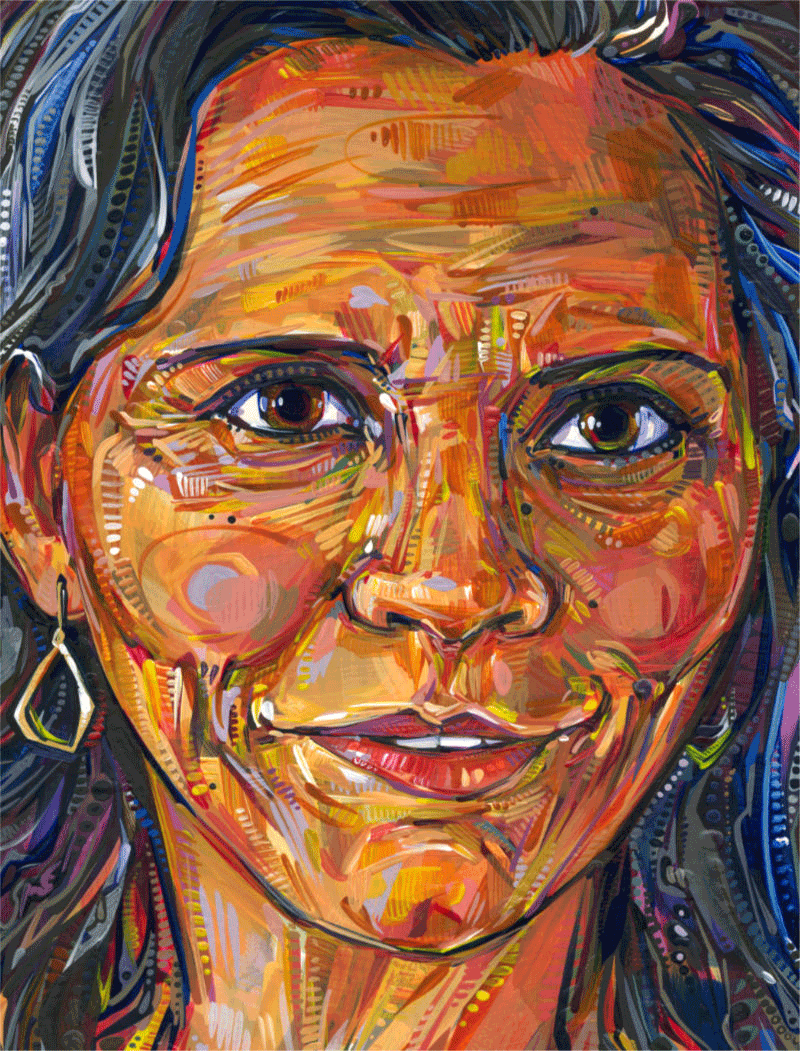 detail image of a painted portrait of a woman, flipping between a digitally altered version and the original